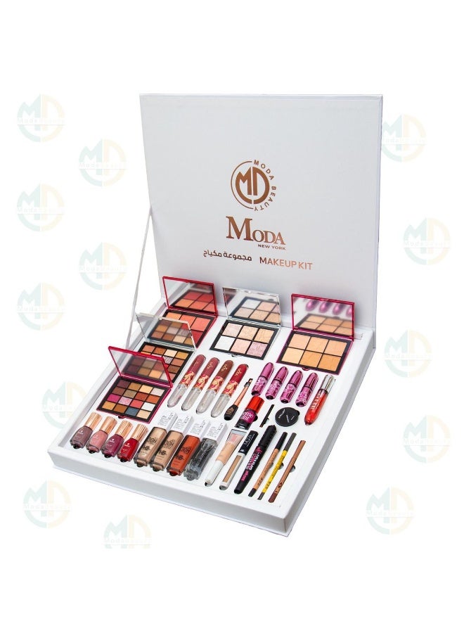 MODAO The new Royal Moda Beauty 32-piece box is a complete and luxurious makeup set that brings together the essentials for face, eyes, and lips in one neat and elegant box. It includes eyeshadow palettes, contour, highlighter, and blush in shades to suit every occasion. - Image 1